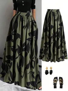 High-Waisted A-Line Long Dress, Loose-Fitting Design, Vintage Style, Leaf, Perfect for Casual & Formal Occasions, Women's Fashion Clothing