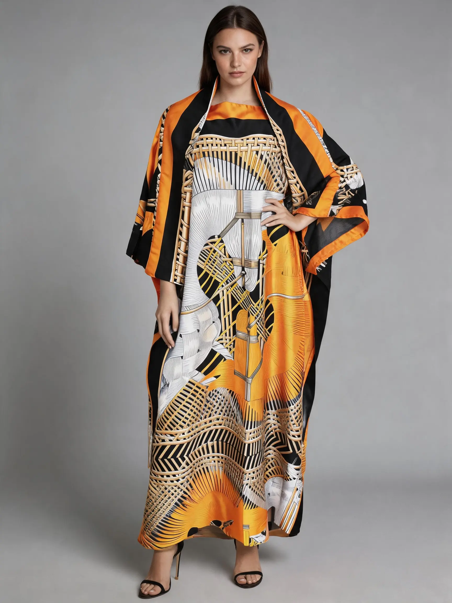 Women's 2-Piece Kaftan Maxi Dress & Scarf Set - Silk Satin Boho Chic Outfits, Horse Print, Loose Wide Batwing Sleeves, Breathable Cool Fabric, Casual Beach Cover-Up, Ethnic Gatherings Wear, Black-A