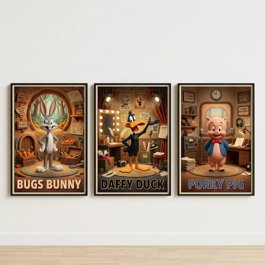 Looney Tunes Bugs Bunny Daffy Duck Porky Pig 3 Piece Art, Classic Retro Cartoon Room Decor, Nostalgic Animation Poster Set