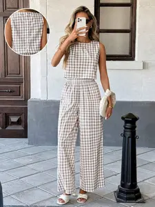 Elegant Summer Vacation Tank Top Set, Round Neck Plaid Back Button Front, Women's Long Pants Two-Piece, Casual Style