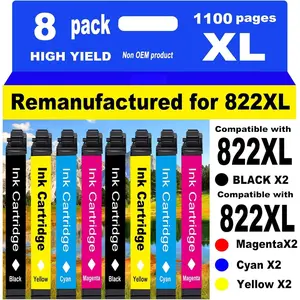 Remanufactured for Epson 822XL Ink Cartridges for 822 XL T822 Workforce Pro WF-3820 WF-3823 WF-4820 WF-4830 WF-4833 WF-4834 Printer 2 Black 2 Cyan 2 Magenta 2 Yellow 8 Pack