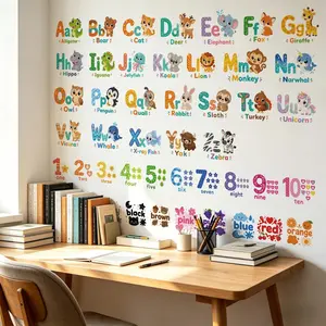 Animal Alphabet Numbers Colorful Wall Decals, Peel and Stick Removable Stickers for Kids, Educational Room Decor for Classroom and Nursery