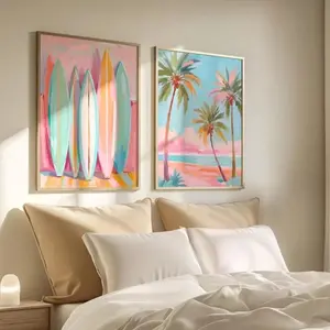 2 Pieces Soft Ocean Coast Colorful Beach Art Prints, Surfing Theme Wall Mural, Fresh Marine Home Art, Nautical Gallery Decor, Bright Tone Painting, Wall Decor for Living Room and Bathroom, Framed or Unframed.