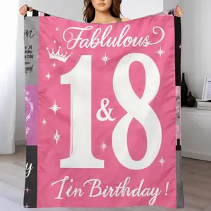 Pink & Black 18th Birthday Theme Flannel Blanket, Soft Warm Fleece for Sofa, Bed, Party Decor, Festive Girly Design with Crown/Stars/Hearts, Lightweight Versatile for All Seasons, Machine Washable, Queen Eighteen Celebration Pattern