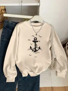Nautical Vintage Style 'anchor Home' Retro Line Print Sweatshirt, Casual Fitted Round Neck Pullover for Spring & Fall