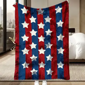 Patriotic Farmhouse US Flag Throw Blanket - Worn Grunge Vertical Stripe Star Design, Lightweight Fleece, Rustic Neutral for Summer Bedroom, Ideal Holiday Family Present