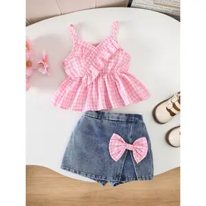 Baby girl spring/summer casual outfit suitable for infants aged 6 months to 3 years old: pink and white plaid V-neck suspender top with lace hem + 3D bow denim short skirt-pants newborn set, perfect for outings and play, baby girl clothing