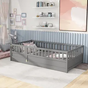 Twin Size Floor Bed Frame with High Fence and Door, Floor Bed, Twin Size Bed, Twin Floor Bed Without Slats(Gray Floor Bed Twin Size)