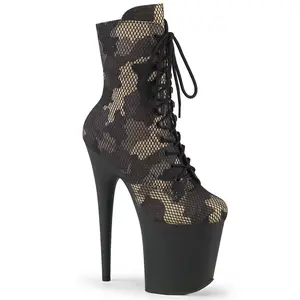 Women's 8-Inch Heel Green Camo Mesh Platform Boot, Lace-Up Footwear Shoe (FLAMINGO-1020CM)