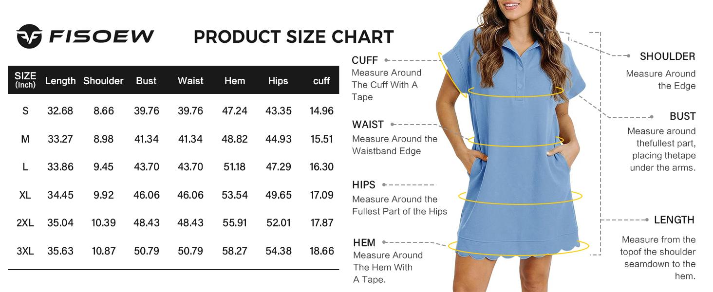 Fisoew Sports Womens Summer T Shirt Mini Dress Short Sleeve Collared V Neck Button Loose Active Dresses with Pockets Casual Wear Womenswear