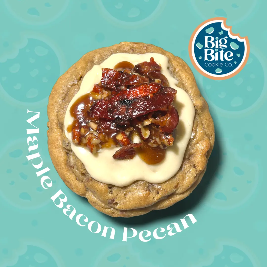 Maple Bacon Pecan- Big Bite Cookie Co. Sweet and Savory Dessert Maple Bacon Browned Butter Cookie With Chunks of Bacon Maple Cream & Glaze Candied Bacon w/or without Candied Pecan Pieces -   Food Snack