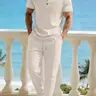Summer Men's Casual Classic Henry Collar Two-Piece Set Clothes, Matching Outfits Set, Menswear Short Sleeve Button-Up Shirt with Matching Pants, Perfect for Beach Vacation