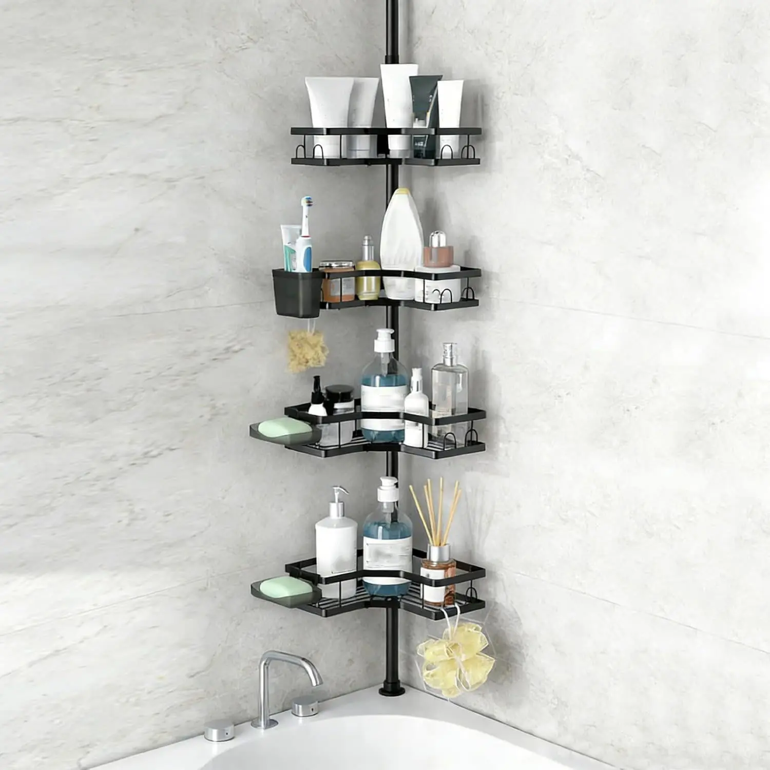 4-Tier Hollow Corner Shower Caddy with Tension Pole - Rustproof Adjustable Floor-Standing Bathroom Organizer Shelves for Soap, Toothbrush, Bathtub Storage Accessories