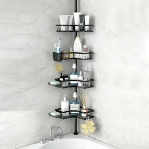 4-Tier Corner Shower Caddy Tension Pole,Rustproof Bathroom Organizer Shelves,Adjustable Floor Standing Bath Rack Holder,Waterproof Bathroom Storage Accessories for Bathtub