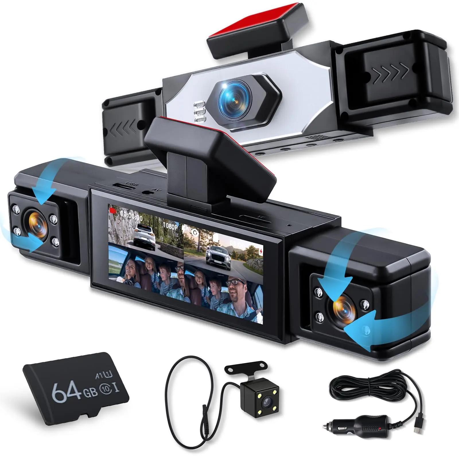 Dash Cam 4 Channels, Screen 3.16 Inches, 4 Cameras Front, Rear, Interior for Car with Loop Recording, Night Vision G-Sensor Parking Mode TF Card 64G