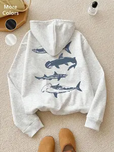 Women'sFleeceHoodieSweatshirt,FallWinterLooseFitLongSleevePullover,SharkPrintCasualDailyWear,UnisexFashionTop