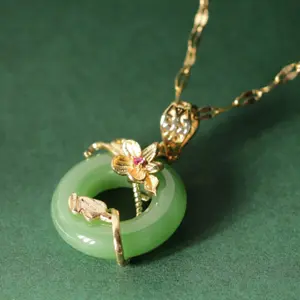 Green Jade Lotus Leaf Pendant Necklace for Women, Elegant Flower Jewelry, Valentine’s Day Gift