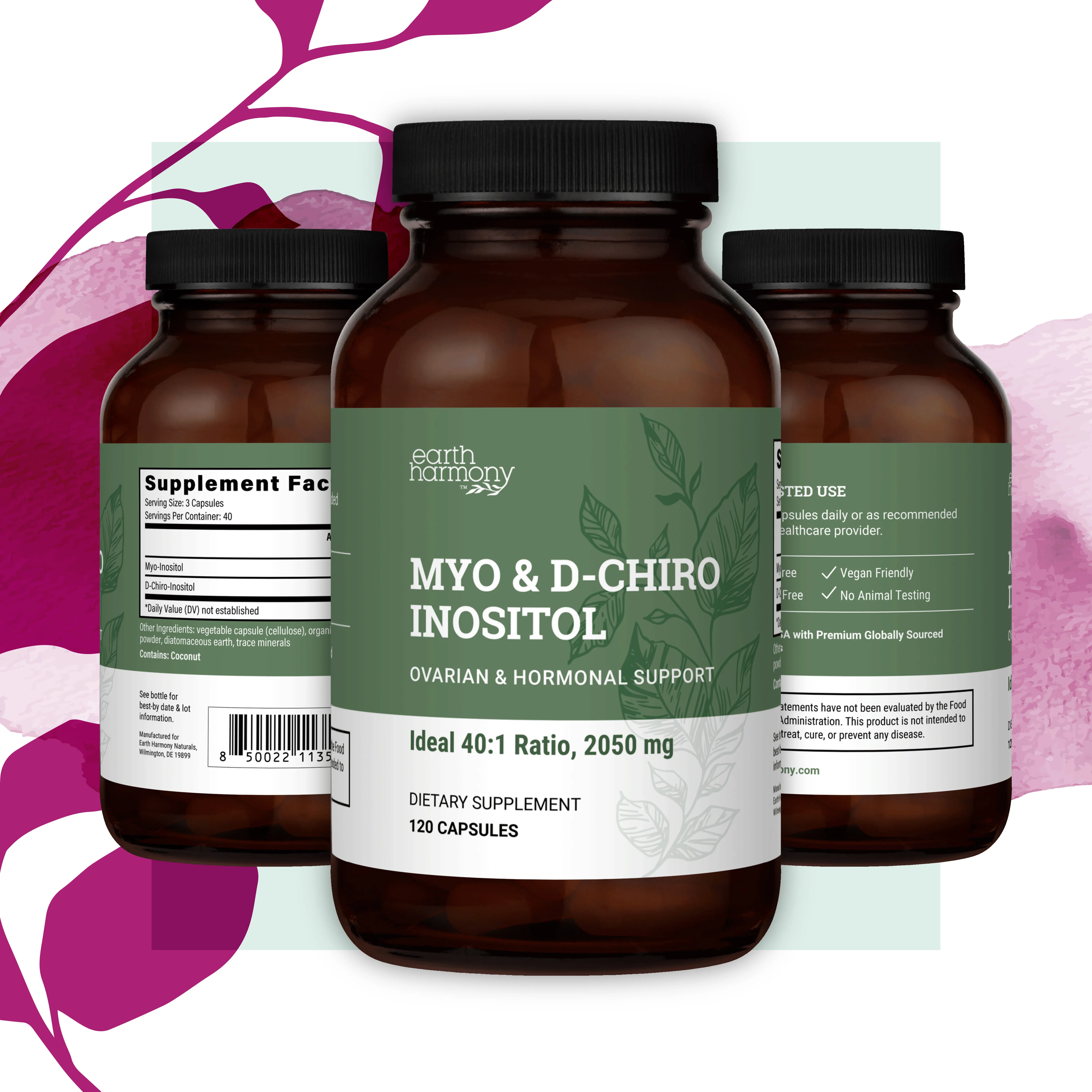 Earth Harmony Myo-Inositol & D-Chiro Inositol Supplement for Women 2050mg 120 Capsules - Cycle Regularity - Hormonal Harmony - Ovarian Support