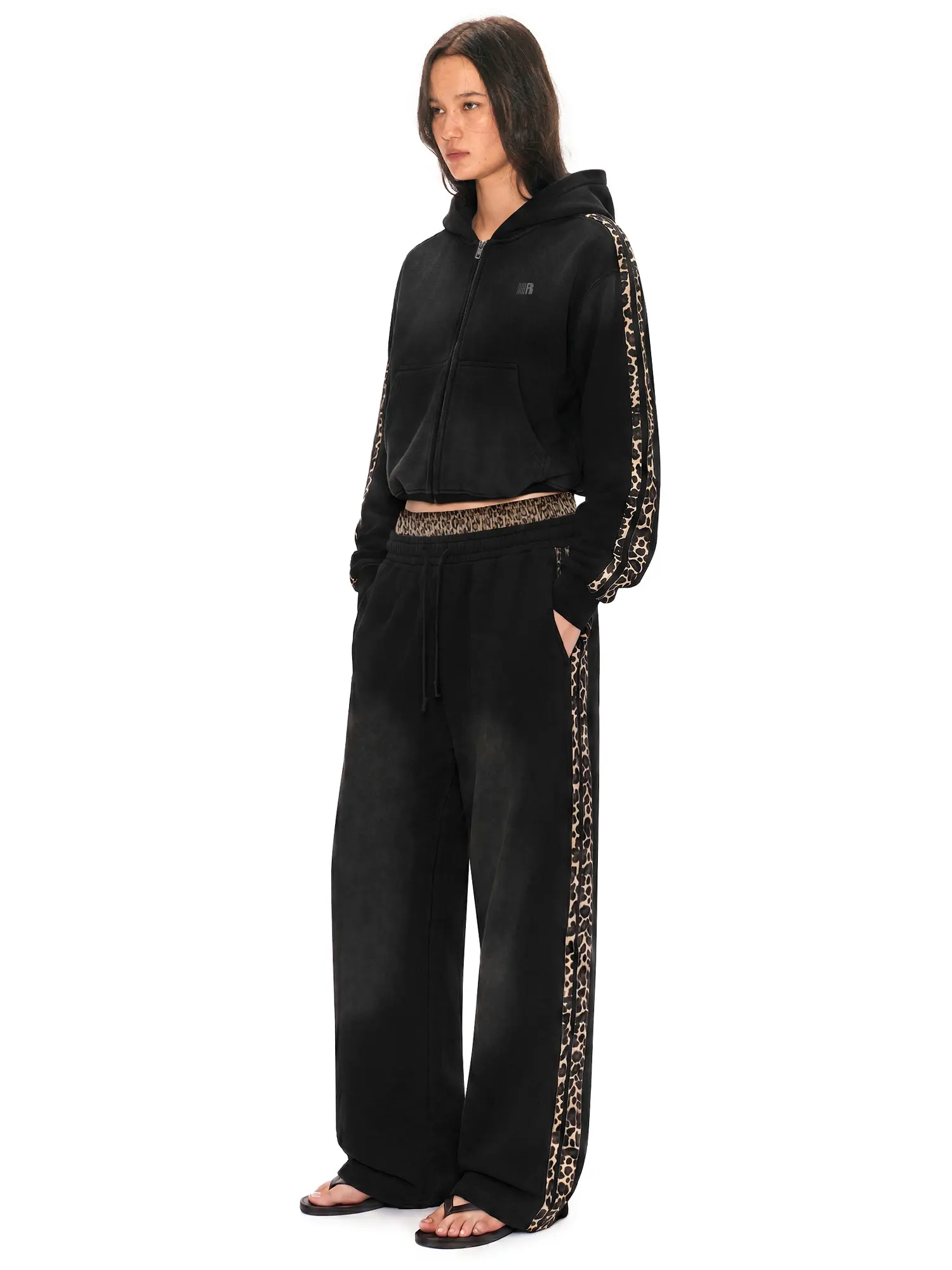 FDR Washed Leopard Tape Hoodie and Double Waist Sweatpants Set Vintage Streetwear Oversized Matching Outfit Unisex