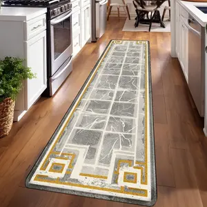 1PC， Gray and White Marble Pattern with Golden Edges Patterned strip rugs, home décor, bathroom mats, entryway mats, bathroom non-slip mats, indoor entrance rugs, bedroom bedside mats, kitchen mats, hallway rugs, flannel sponge rugs, hallway runner rugs