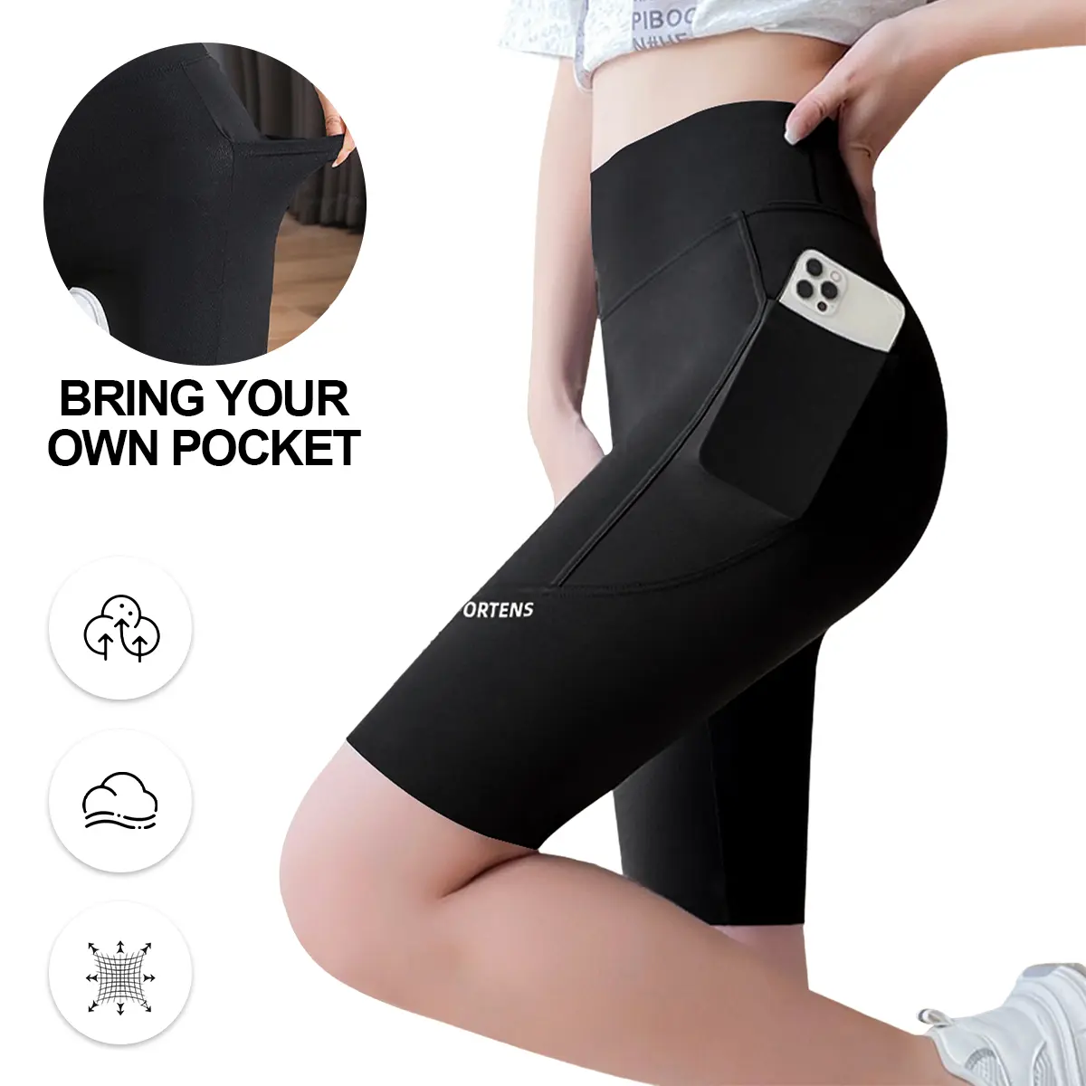 Women's CurveFit High-Waisted Compression Polyamide Shorts, Large Deep Side Pockets, No Rolling Waistband Tummy Control Yoga Biker Workout Shorts for Women