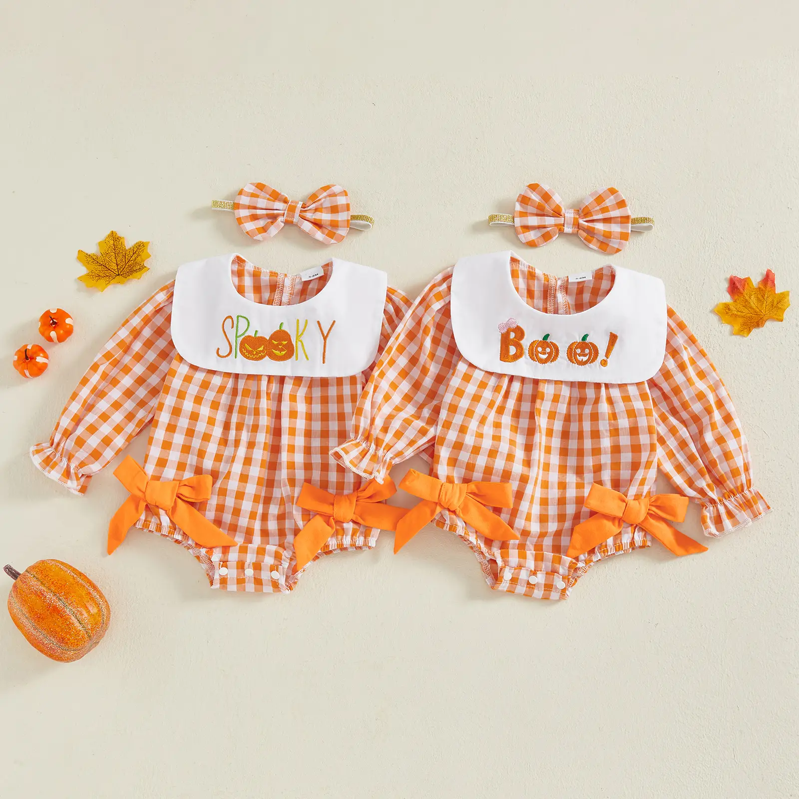 Infant Baby Girl Plaid Romper Fall Halloween Pumpkin Embroidery Bow Long Sleeve Bubble Jumpsuit with Headband