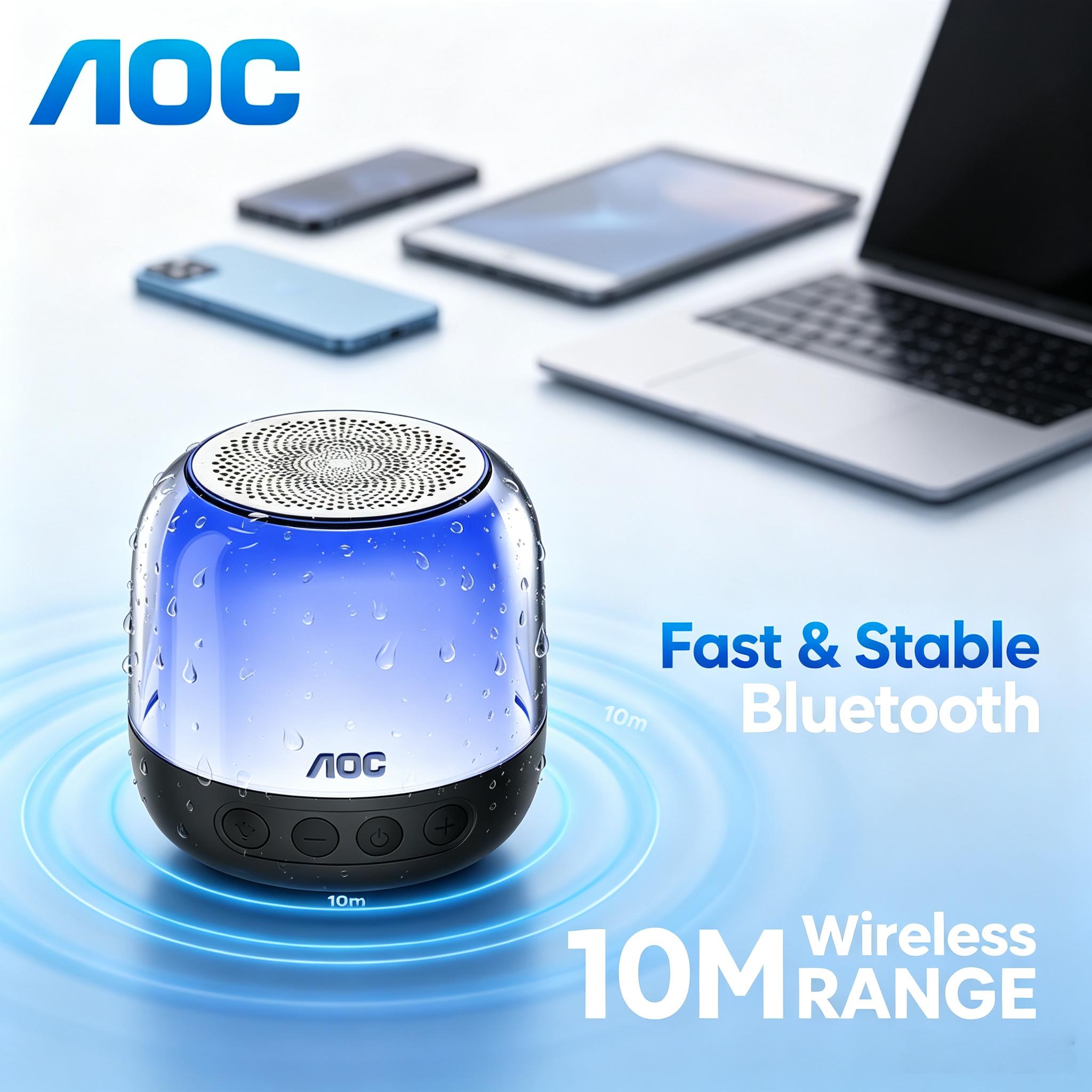 AOC Portable Bluetooth Speaker RGB Lighting, IPX5 Waterproof & 12H Battery Life