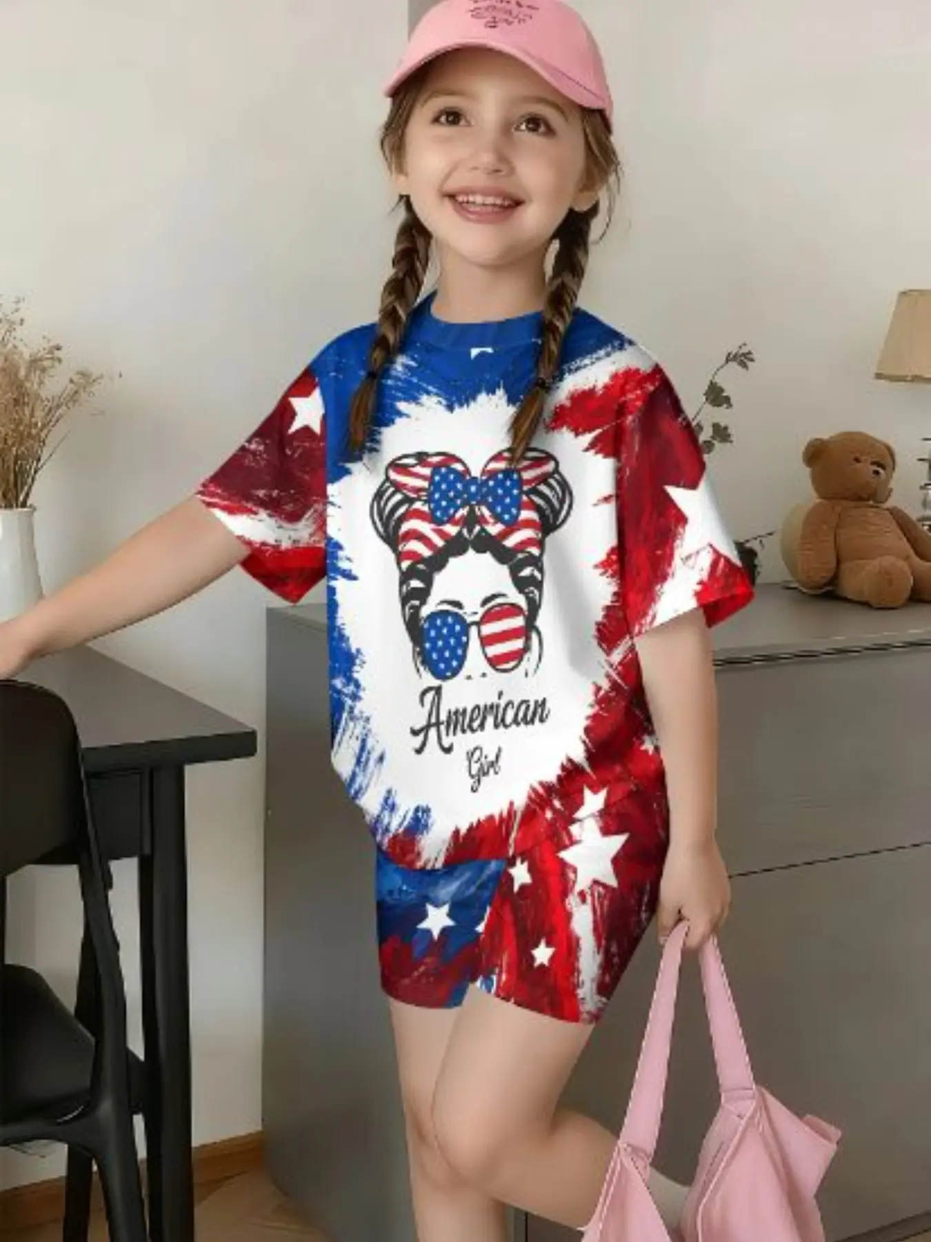2-Piece Girls' Short Sleeve & Shorts Set, Cute Patriotic Heart & Wave Pattern, Summer Beach Party, School Casual, Outdoor Wear, Summer Clothes Set