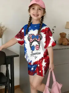 2-Piece Girls' Short Sleeve & Shorts Set, Cute Patriotic Heart & Wave Pattern, Summer Beach Party, School Casual, Outdoor Wear, Summer Clothes Set