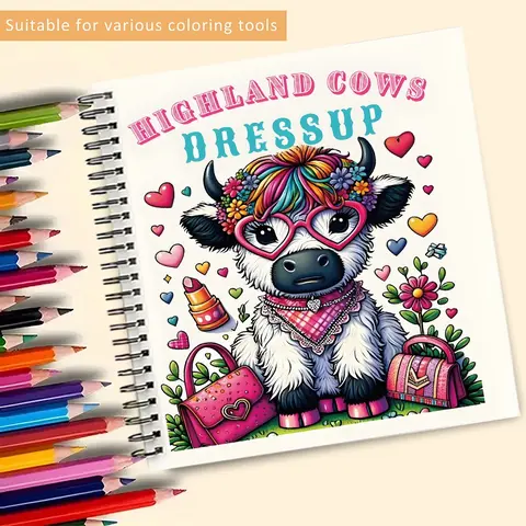 Heights Cow Coloring Book for Relaxation and Meditation, Highland Cows Dressup Fantasy Art Stress Relief Spiral Coloring Book 21x21 Cm Thick Paper 20 Pages, Perfect Gift Ideal Gift for Couples Friends Family, Smooth Coloring, Fun