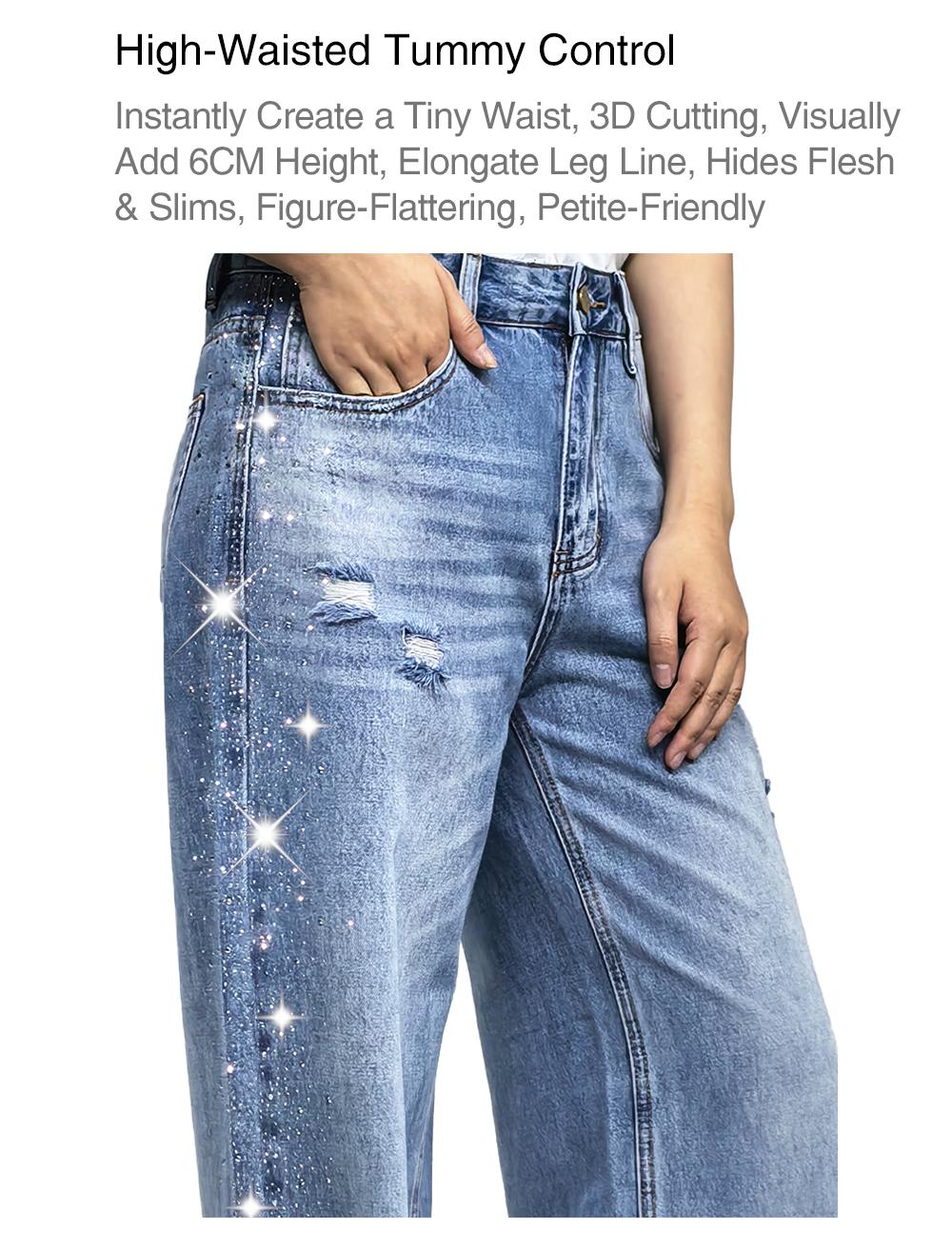 Lux Lee Spring Rhinestone Baggy Straight Jeans - High-Waisted, Slimming & All-Match, Distressed & Washed Denim, Sparkling Side Rhinestones, Loose Fit, Casual Streetwear, All-Match Trendy Y2K Pants for Women
