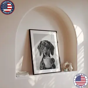 Dachshund Drinking Coffee Poster, Black and White Poster, Coffee Lover Poster, Dog Gift, Funny Dog Poster, Kitchen Wall Decor