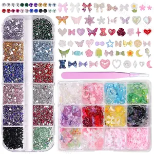 3D Assorted Nail and Color Nail Gems Rhinestones, Flower Butterfly Nail Art, 2mm Mini Flatback Nail Gems Rhinestones, Bows Heart Nail Pearls for Nail Art DIY Supplies Accessories