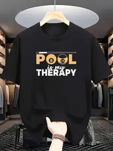 Round Neck Short Sleeve T-Shirt Billiards Sports Style "POOL Is My Relax" Text Billiards and Cue Stick Creative Elements Combined Print Design Expressing Billiards Sports Passion