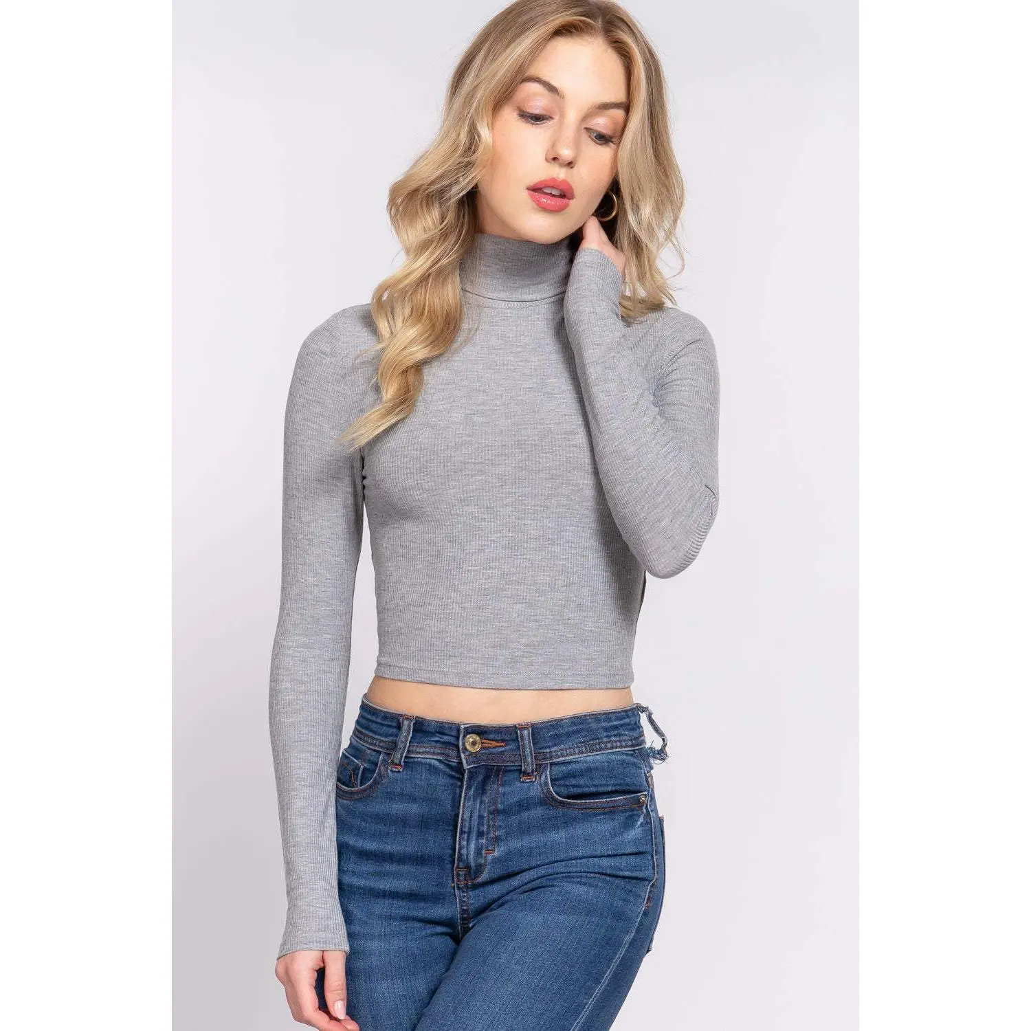 Long Slv Turtle Neck Rib Crop Knit Top