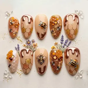 3D Honey Bee Press on Nails, Gold Nectar Drip Fake Nails, Honeycomb Nails Art, Cute Bumblebee Nails