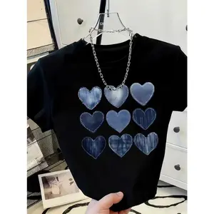 Blue Denim Heart Graphic Tee Y2K Streetwear Oversized Short Sleeve Crewneck Cute Casual Everyday Outfit Summer Going Out Gift