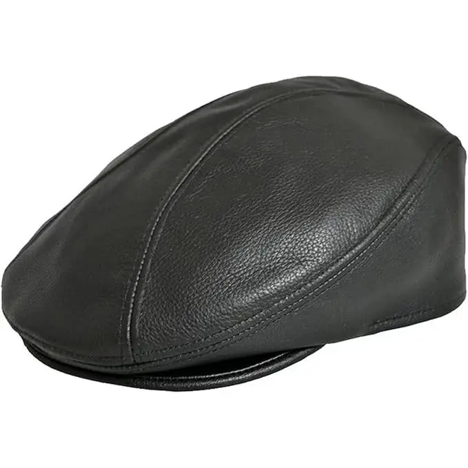 Black Unisex Cowhide Leather Flat Cap Light weigh ivy Newboy Flat Cap Unisex