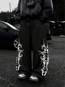 Unisex Trendy Y2K Vintage Aesthetic Wide Leg Sweatpants, High Waist Loose Fit, Cyber Totem Details, Comfortable All Season Pants, Casual Loose Pants