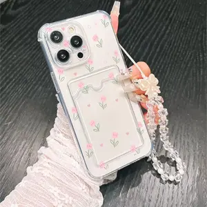 Transparent Card Holder Case, Tulip Heart Pattern, Bow Tie Lanyard, Anti-Drop Phone Cover Compatible with iPhone 11-16 Series
