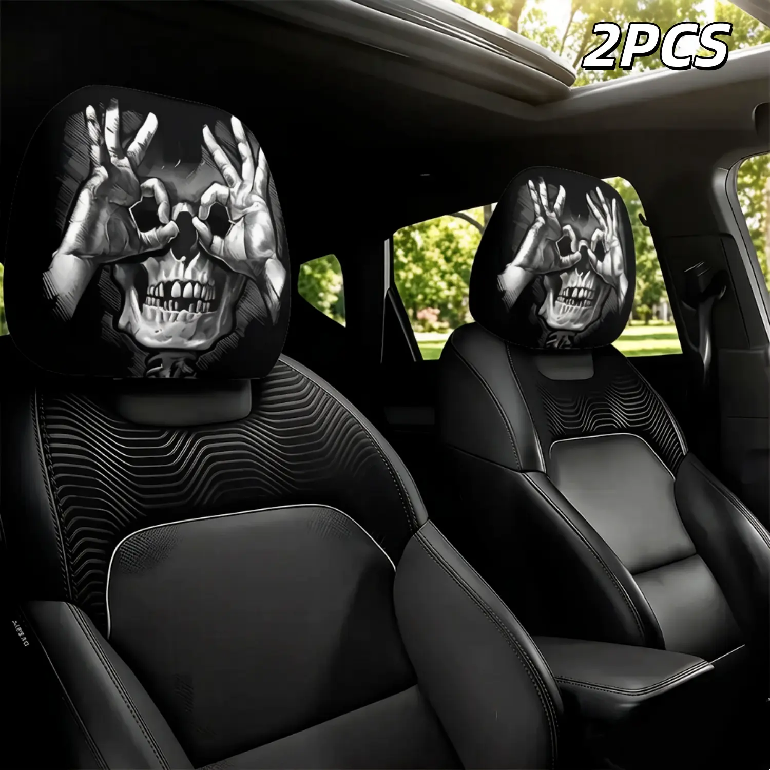 2Pcs Skull Hand Gesture Printed Car Headrest Covers, cool trendy interior decor. Washable durable protective cover fits cars, trucks and SUVs. Simple installation, stylish pattern elevates car look, great accessory for long distance travel use