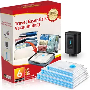 6 Combo Pack Travel Vacuum Bags with Pump - Space Saver & Travel Essentials, Clothing & Luggage Vacuum Seal Bags