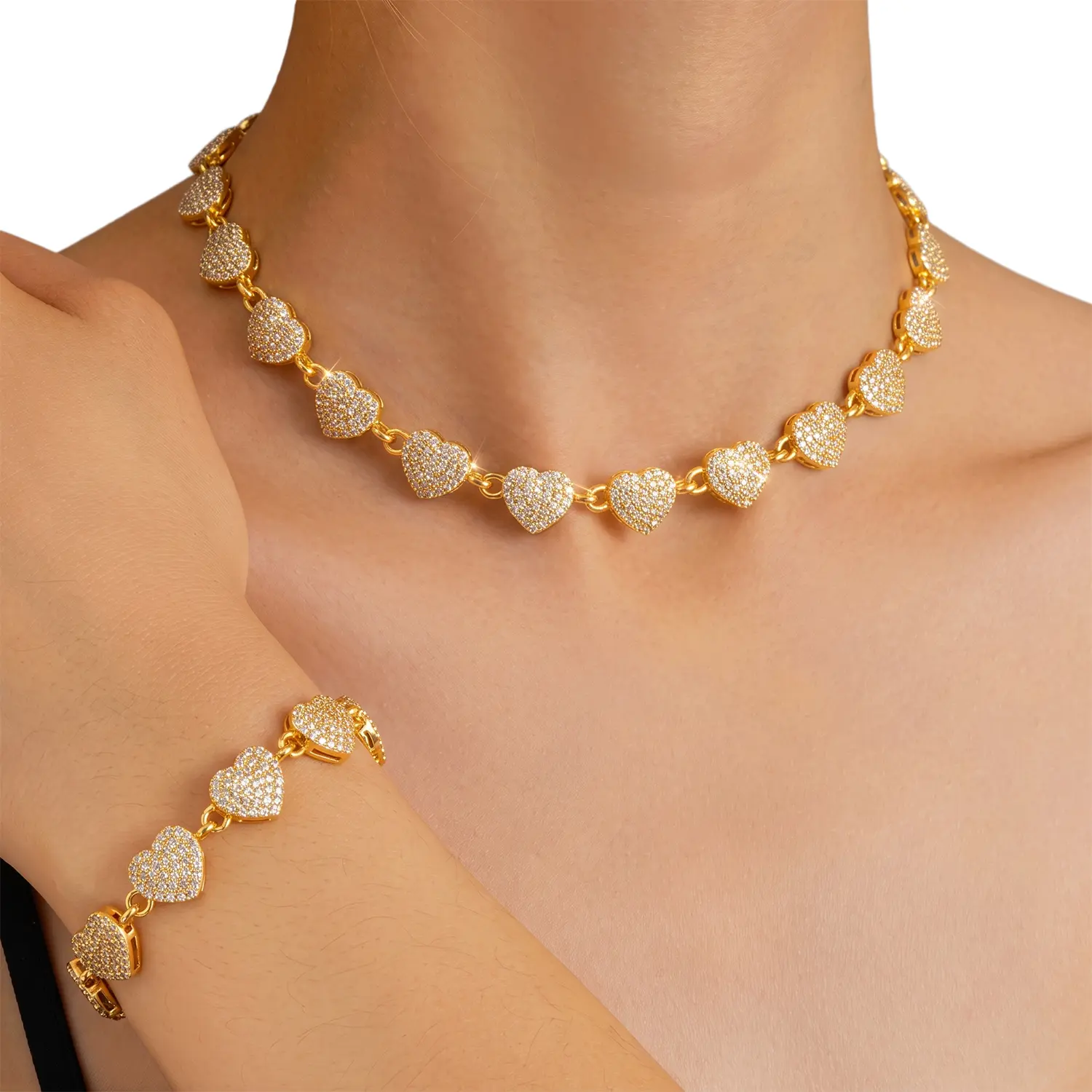 2pcs Set Heart Shaped Cuban Chain Necklace Set for &,Hip Hop Style Choker Set,Luxurious Jewelry Set for Valentine's Day Gifts, Birthday,Everyday & Party Wear, for Teenager