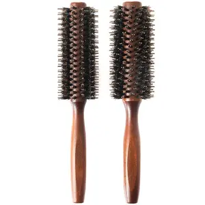 Boar Bristle Round Hair Brush Set with Nylon Pin, Wooden Handle for Straightening, Curling, Volumizing and Detangling (2 in 1)