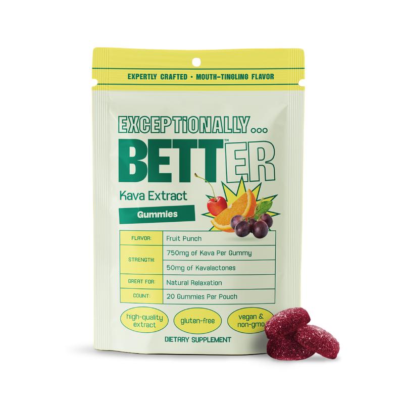 BETT Natural Calm Kava Gummies - Fruit Punch, 50mg Kavalactones, Vegan & Gluten-Free, 20 Gummies Per Pouch, Third-Party Lab Tested, Perfect for Relaxation