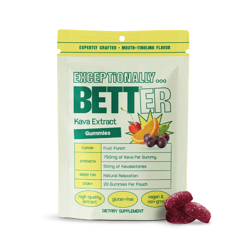 BETT Natural Calm Kava Gummies - Fruit Punch, 50mg Kavalactones, Vegan & Gluten-Free, 20 Gummies Per Pouch, Third-Party Lab Tested, Perfect for Relaxation