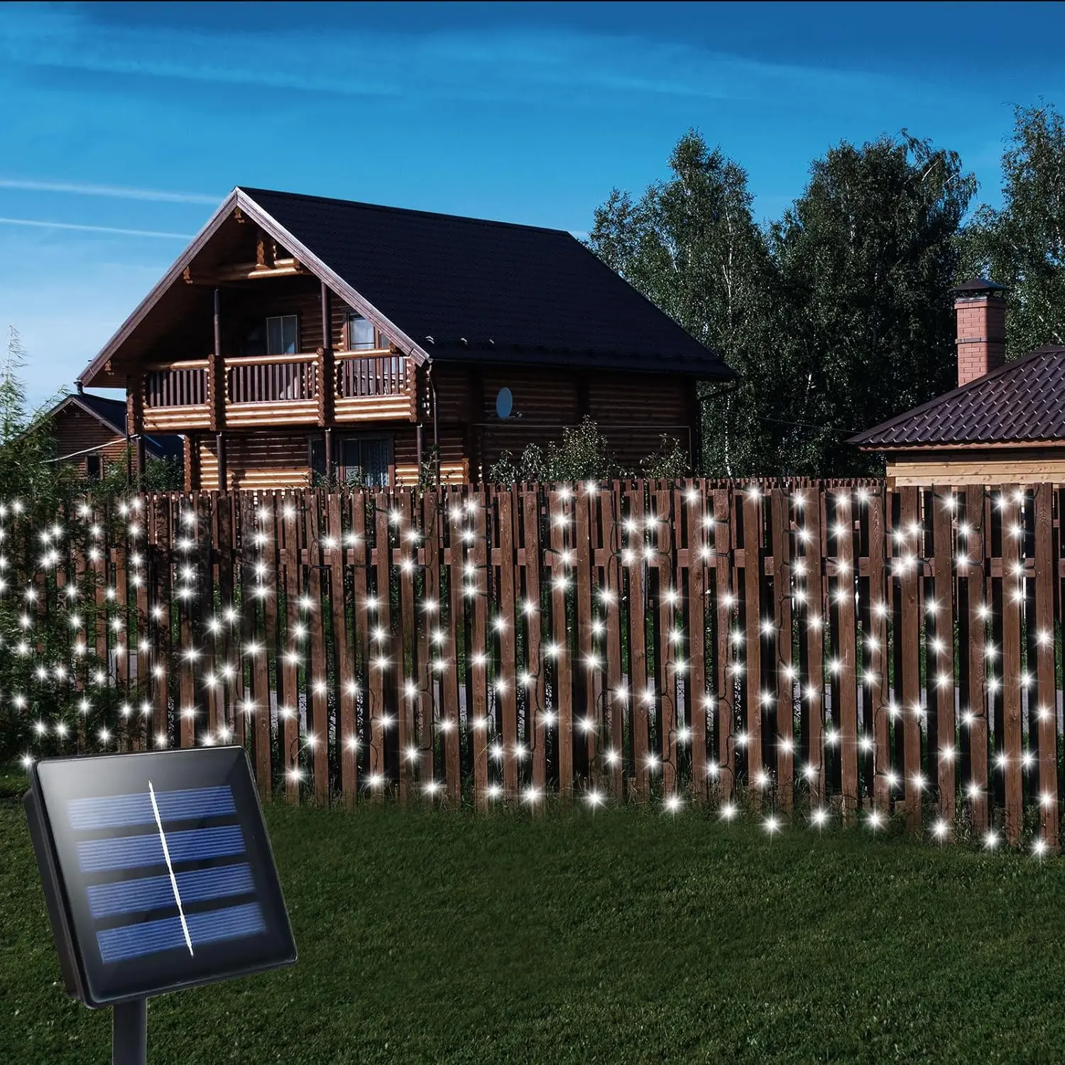 Solar Curtain LED Strip Lights, 19.6ft x 3.3ft 300-LED Outdoor Waterproof Green Wire Lights with 8 Modes, Warm White-Solar-13ft(l)x3ft(h) for Garden, Eaves Decoration
