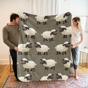 Sheep Print Fleece Blanket - 100% Polyester, High-Definition Digital Animal Motif, Breathable Softness, Contemporary Look, All-Season Use, Comfortable Bedding Throw, Perfect Gift for Family