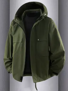 Men's workwear casual jacket, zipper closure - chest patch pocket hooded design, men's windproof and warm jacket, 100% polyester fiber, machine washable, suitable for daily leisure, work travel, formal wear - spring and autumn seasons