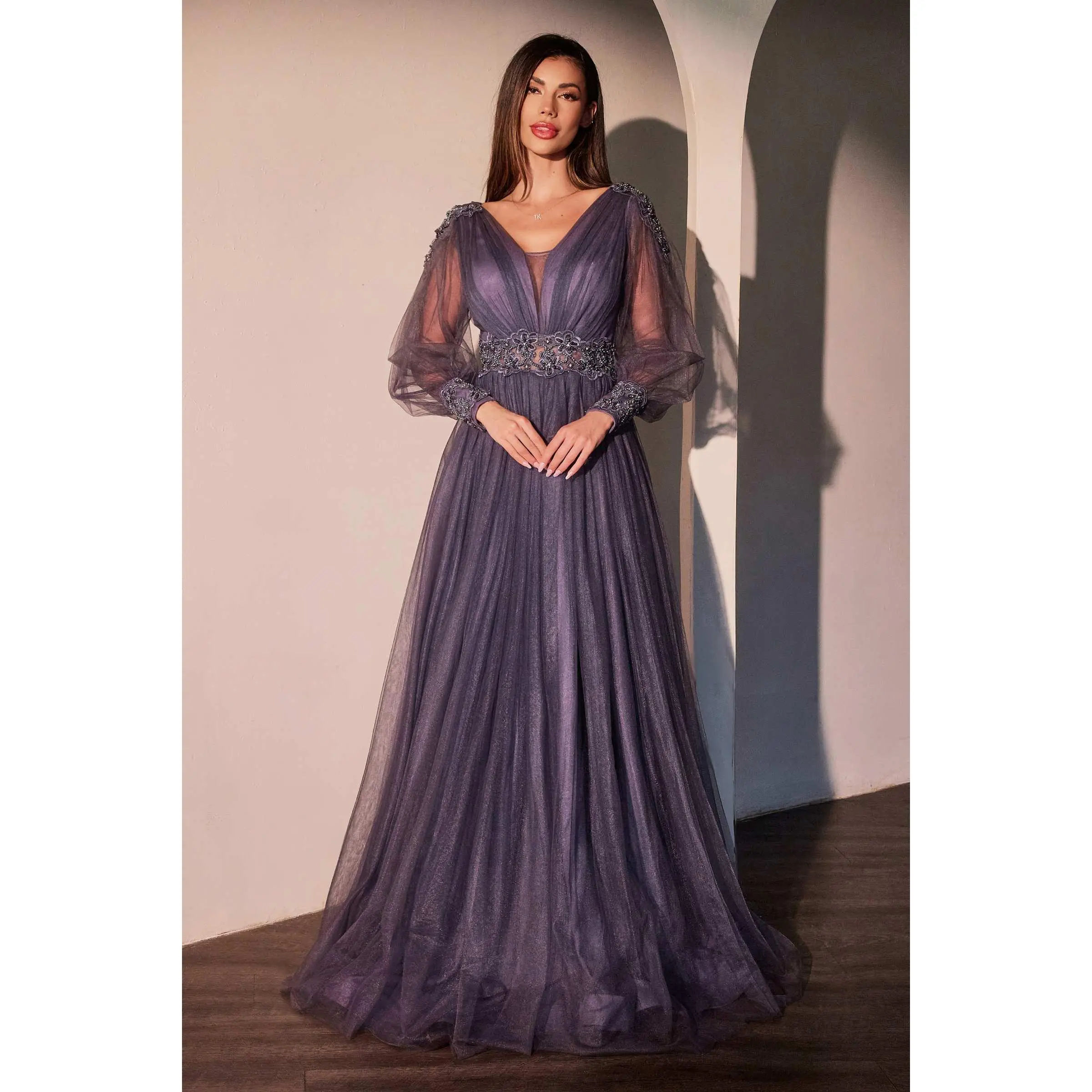 Ladivine CD0938 Mother of the Bride Formal Gown - Modest A-Line Prom Dress with Long Sleeves, V-Neck, Lace Applique Tulle Skirt, Flattering Fit, Elegant Fabric, Layered